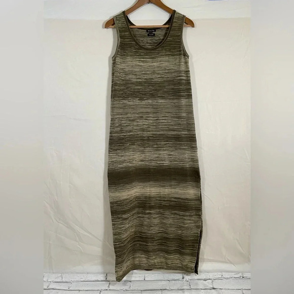 Massimo Dutti Knit Sleeveless Olive Green Striped Stretch Midi Dress Size Small - Picture 1 of 5